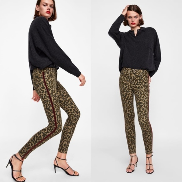 ZARA Woman Leopard Premium Jeans Animal Print Skinny Red Velvet Stripe - Picture 1 of 12